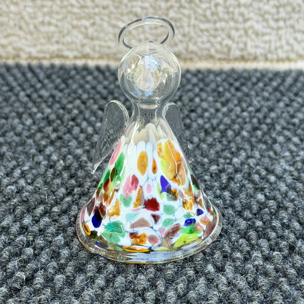 Hand Blown Art Glass Angel Figurine Confetti Millefiori Style Colorful 2.75 Inch
